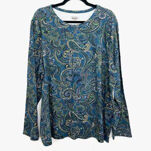 NWT St. John's‎ Bay Blue Paisley Knit Top Long Sleeve Classic Tee 3X mc
